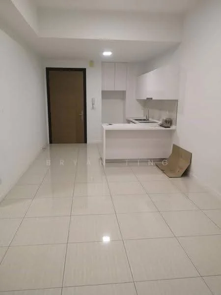Kitchen features: white cabinetry, marble countertop, built-in stove, single-bowl stainless-steel sink, chrome pull-down faucet, white tiled backsplash, ceramic tile flooring, recessed downlights, wall-mounted kitchen cabinets, open layout, neutral wall colour; style: modern.