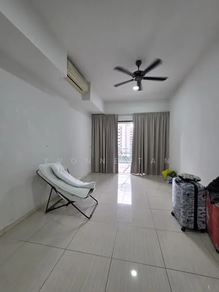 Living features: white painted walls, glossy tile flooring, 5-blade ceiling fan, floor-to-ceiling windows, curtains, air conditioning unit, light-colored armchair, luggage, decorative items; style: modern; view: city.