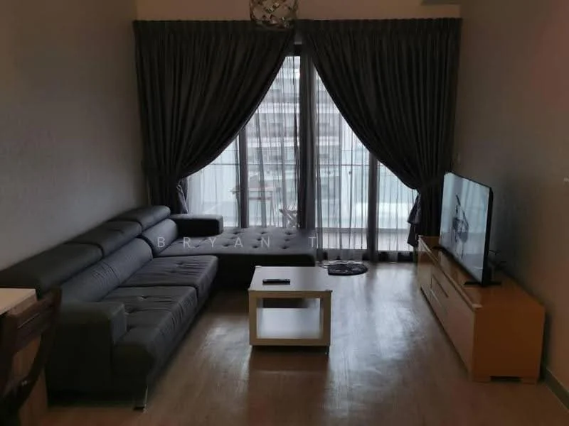 Living features: L-shape sectional sofa in grey, coffee table, TV console, wall-mounted TV, floor-to-ceiling windows, sheer curtains, dark grey curtains, wooden flooring, decorative ceiling light; style: modern; view: city.