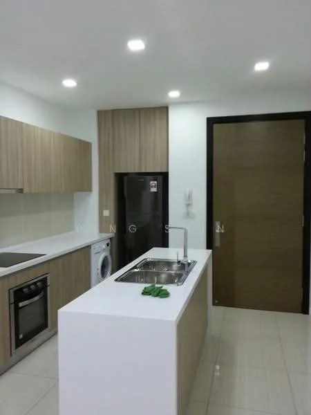 Kitchen features: white quartz countertop, wood cabinetry in light brown, built-in oven, stainless-steel fridge, single-bowl stainless-steel sink, chrome pull-down faucet, ceramic tile flooring, recessed LED downlights, washing machine, white backsplash, sliding door, pantry cabinet; style: modern.