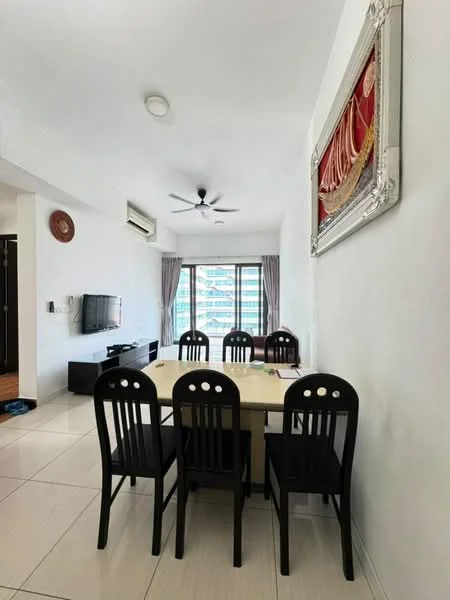 Dining features: 6-seater dining table, black dining chairs, white walls, ceiling fan, floor-to-ceiling windows, curtains, TV console, wall-mounted TV, tile flooring, decorative wall art; style: modern; view: city.