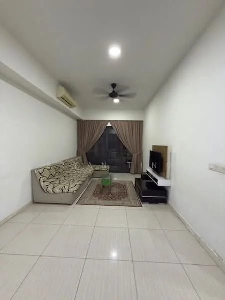 Living features: 3-seater fabric sofa in beige, area rug with geometric pattern, wall-mounted TV, TV console in black, floor-to-ceiling windows, sheer curtains, 1 wall-mounted split AC, recessed LED downlights, cream painted walls, glossy tile flooring; style: modern.