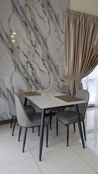 Dining features: 4-seater dining table with marble top, grey upholstered dining chairs, white tiled flooring, feature wall with marble pattern and gold accents, floor-to-ceiling curtains, large window with natural light; style: modern.