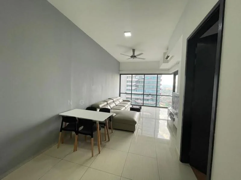 Living features: light grey painted walls, white tiled flooring, 5-blade ceiling fan with light, large floor-to-ceiling windows, sofa in light beige, coffee table, TV console, wall-mounted TV, dining table for 4 with black chairs, air conditioning unit; style: modern; view: city.