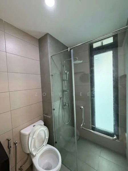 Bathroom features: walk-in shower with glass enclosure, rain shower head, handheld shower, chrome basin mixer, one-piece toilet, grey tiled walls, light grey tiled flooring, window for natural light, grab bar, recessed downlights; style: modern.