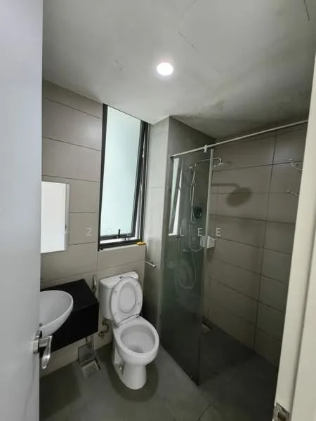 Bathroom features: white toilet, single-sink vanity with wall-mounted cabinet, framed mirror, glass shower enclosure, rain shower head, handheld shower, grey tile flooring, grey wall tiles, recessed downlights, window for natural light; style: modern.