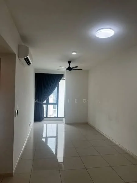 Living features: white painted walls, glossy tile flooring, 5-blade ceiling fan with light, recessed ceiling lights, floor-to-ceiling window, blackout curtains, air conditioning unit, open layout; style: modern; view: city.