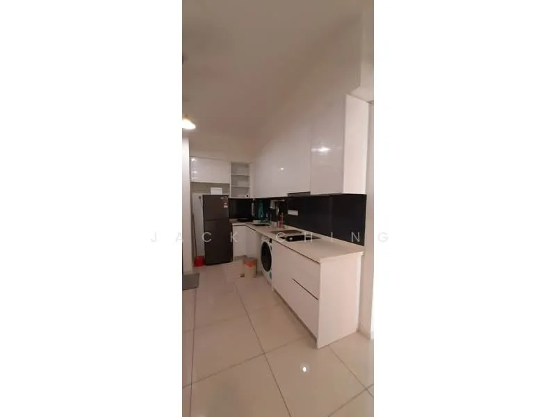 Kitchen features: white glossy cabinetry, black countertop, stainless-steel fridge, built-in washing machine, ceramic tile flooring, recessed downlights, open shelving, single-bowl stainless-steel sink, chrome pull-down faucet; style: modern.