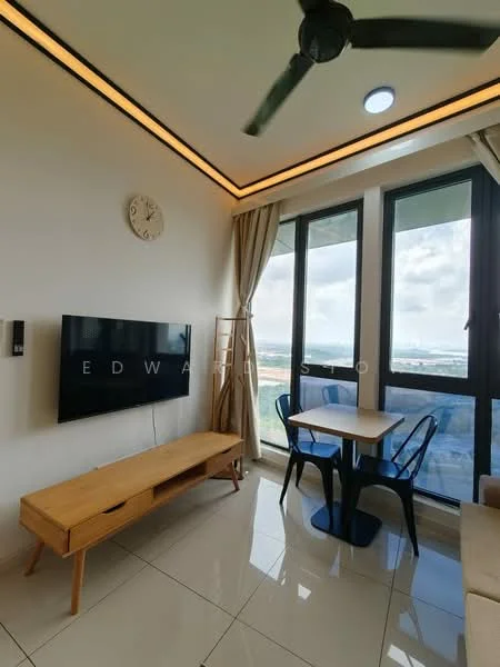 Living features: white painted walls, glossy tile flooring, 5-blade ceiling fan with light, recessed LED downlights, wall-mounted TV, wooden TV console, round dining table, blue dining chairs, floor-to-ceiling windows, curtains, clock on wall; style: modern; view: city.