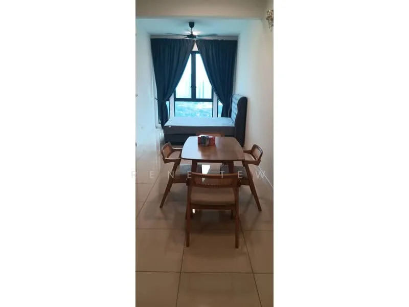 Dining features: wooden dining table, 4 dining chairs, floor-to-ceiling windows, grey curtains, tile flooring, ceiling fan, decorative wall, city view; style: modern; view: city. Room features: bed, bedside table, wall-mounted decor.