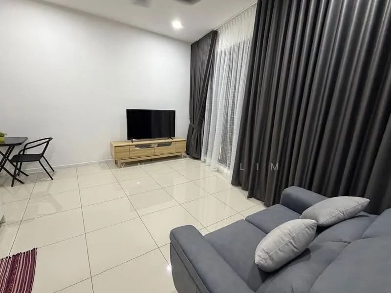 Living features: grey fabric sofa, 2-seater sofa, coffee table, TV console, wall-mounted TV, white painted walls, glossy tile flooring, floor-to-ceiling windows, sheer curtains, blackout curtains, recessed downlights; style: modern.