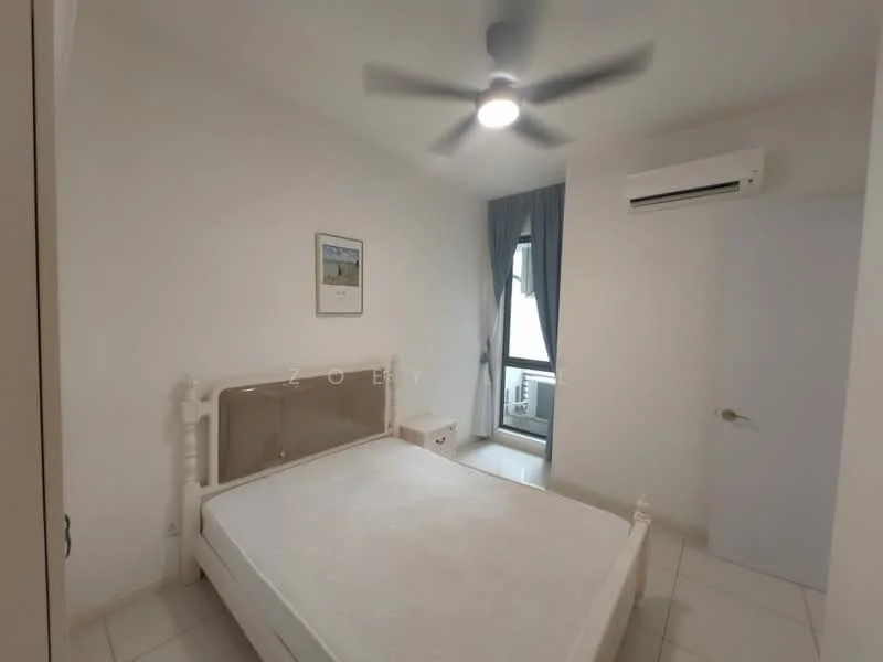 Bedroom features: queen-size bed, white bed frame, ceiling fan with light, wall-mounted split AC, light-colored walls, large window with sheer curtains, built-in wardrobe, tile flooring, nightstand, decorative artwork on wall; style: modern; view: city.