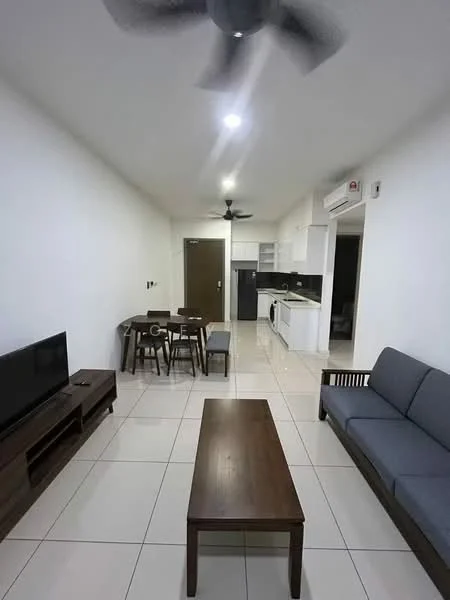 Living features: 3-seater fabric sofa in grey, wooden coffee table, wall-mounted TV, TV console, ceiling fan, recessed LED downlights, white painted walls, tile flooring; style: modern. Dining features: 6-seater dining table, wooden dining chairs, white painted walls, tile flooring; style: modern. Kitchen features: white cabinetry, black countertop, built-in oven, freestanding range oven, microwave, stainless-steel sink, chrome pull-down faucet, tile backsplash, tile flooring; style: modern.