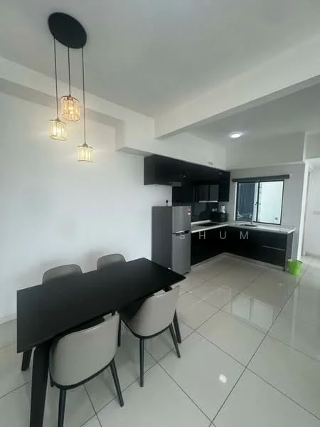 Kitchen features: black cabinetry, white walls, polished ceramic tile flooring, stainless-steel fridge, built-in oven, 4-burner gas hob, black countertop, pendant lighting, dining table with black surface, upholstered dining chairs, window with natural light; style: modern.