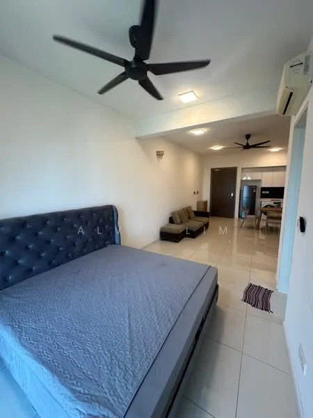 Bedroom features: king-size bed, upholstered headboard, 5-blade ceiling fan, white painted walls, tile flooring, recessed downlights, air conditioning unit, sliding door to living area; style: modern. Living features: sofa, coffee table, tile flooring, 5-blade ceiling fan, open layout to kitchen, recessed downlights; style: modern.