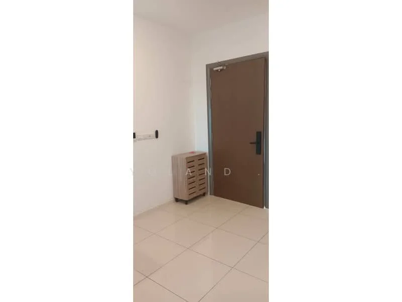 Room features: white painted walls, light-colored floor tiles, main entrance door, wooden shoe cabinet, wall-mounted intercom, neutral decor; style: modern.