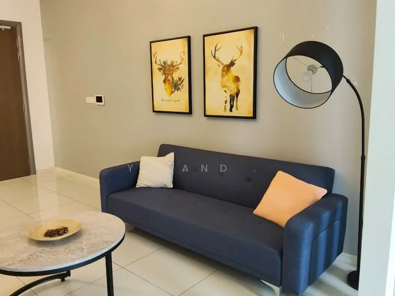 Living features: blue fabric sofa, decorative pillow in peach, round marble coffee table, framed artwork with deer motifs, floor lamp with black shade, white tiled flooring, light grey painted walls, wall-mounted control panel; style: modern.