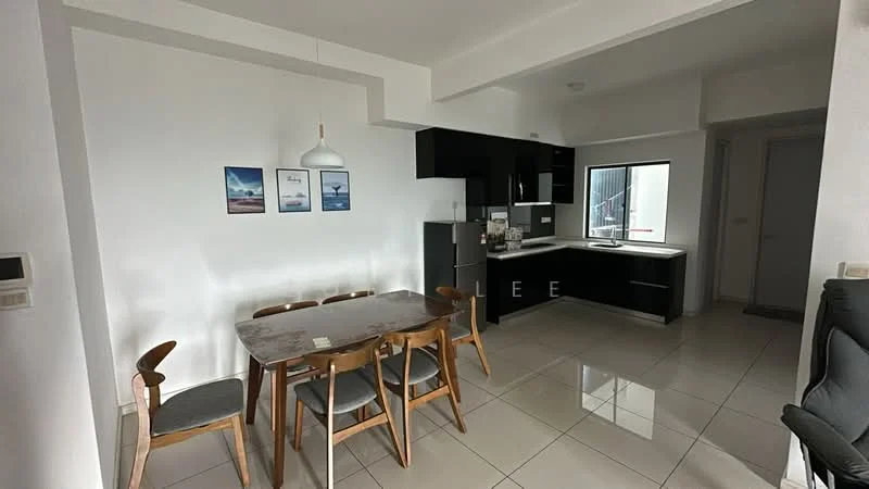 Dining features: 6-seater dining table with wooden top, wooden dining chairs, pendant lamp, white painted walls, glossy tile flooring, large window with natural light, open layout to kitchen, neutral color palette; style: modern. Kitchen features: black cabinetry, white countertop, stainless-steel sink, built-in stove, kitchen window, open shelving, refrigerator, tile backsplash; style: modern.