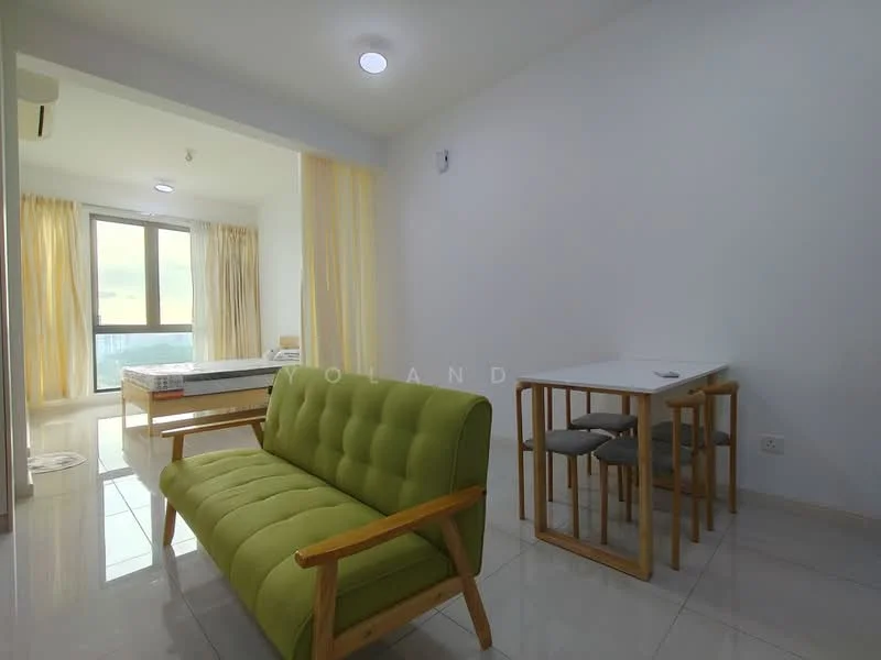 Living features: green fabric sofa, wooden frame for sofa, white dining table, grey upholstered dining chairs, large window with sheer curtains, white painted walls, glossy ceramic tile flooring, recessed ceiling lights, air conditioning unit on wall; style: modern; view: city. Room features: bed frame with mattress visible in background, floor-to-ceiling window, sheer curtains.