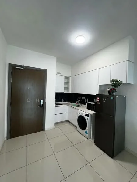 Kitchen features: white cabinetry, black countertop, stainless-steel fridge, built-in oven, ceramic tile flooring, single-bowl stainless-steel sink, chrome pull-down faucet, washing machine, recessed ceiling light, wall-mounted cabinets, black backsplash; style: modern.