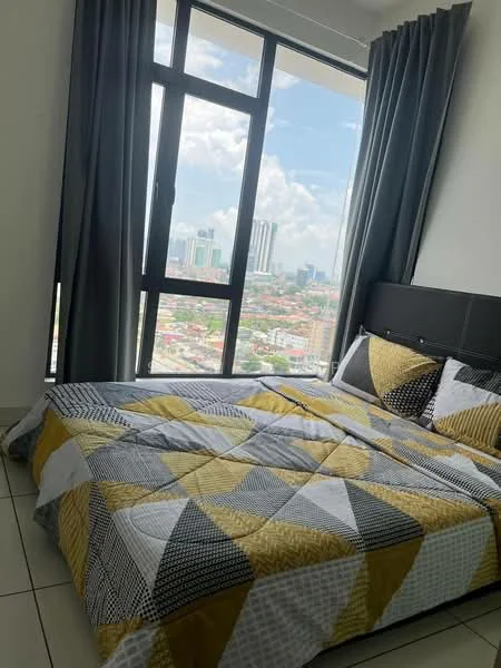 Bedroom features: queen-size bed with patterned bedding, floor-to-ceiling windows, grey curtains, white painted walls, tile flooring, city view, decorative throw pillows, bedside table, wall-mounted headboard; style: modern; view: city.