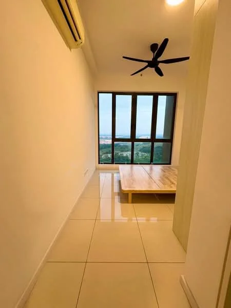 Room features: white painted walls, glossy ceramic tile flooring, 5-blade ceiling fan, floor-to-ceiling windows, wooden table, city view; style: modern; view: city.