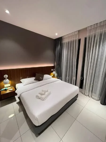 Bedroom features: queen-size bed with white bedding, wooden headboard, nightstand with lamp, white towels neatly arranged, grey accent wall, floor-to-ceiling windows with sheer curtains, recessed LED lighting, polished tile flooring, decorative wall paneling, wall-mounted light fixture; style: modern.