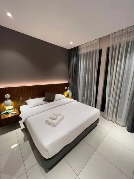 Bedroom features: queen-size bed, white bedding, wooden headboard, two bedside lamps, nightstand with drawer, floor-to-ceiling windows, sheer curtains, grey accent wall, white tiled flooring, recessed downlights; style: modern.