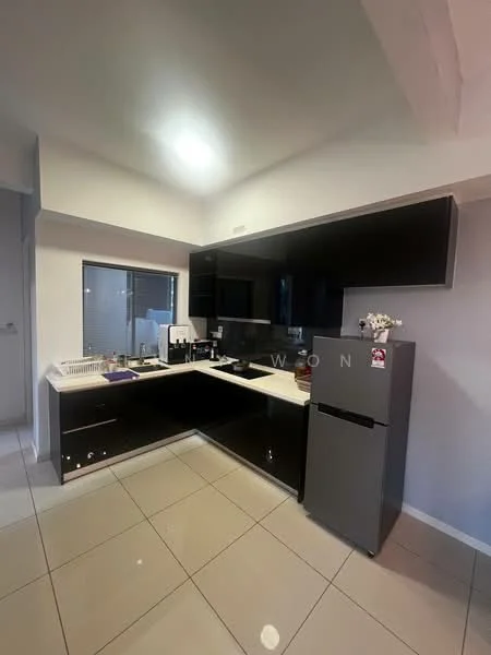 Kitchen features: black high-gloss cabinetry, white countertop, single-bowl stainless-steel sink, chrome pull-down faucet, built-in oven, stainless-steel fridge, ceramic tile flooring, window above sink, recessed downlights, kitchen island, open shelving, decorative vase with flowers; style: modern.