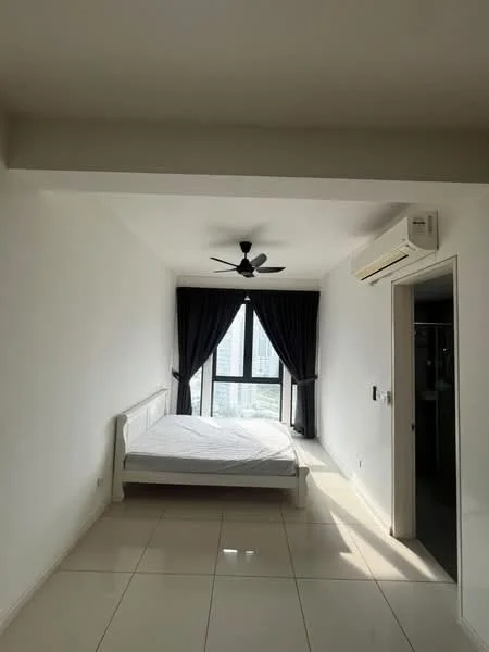 Bedroom features: white painted walls, glossy tile flooring, 5-blade ceiling fan, floor-to-ceiling windows, blackout curtains, queen-size bed frame without mattress, wall-mounted air conditioning unit; style: modern; view: city.