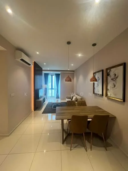 Living features: white painted walls, glossy tile flooring, recessed downlights, 2 pendant lamps, floor-to-ceiling windows, curtains, wall-mounted air conditioning unit, wooden dining table, 4 upholstered dining chairs, area rug, framed artwork; style: modern; view: city.