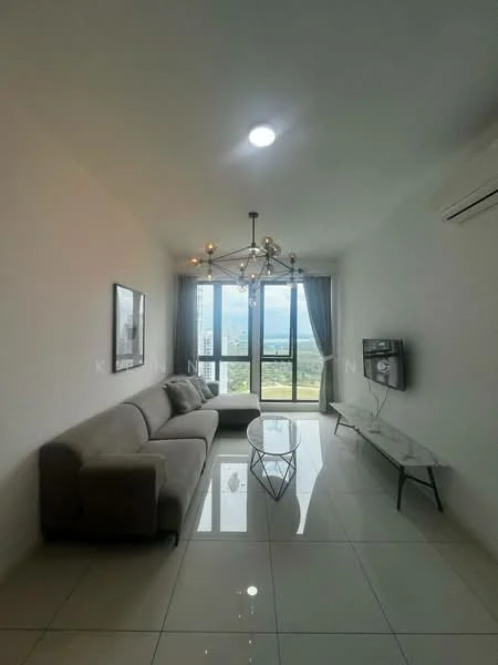 Living features: light grey fabric sofa, glass coffee table, wall-mounted TV, white wall, white ceiling, recessed downlights, chandelier, floor-to-ceiling windows, curtains, glossy tile flooring, air conditioning unit; style: modern; view: city.
