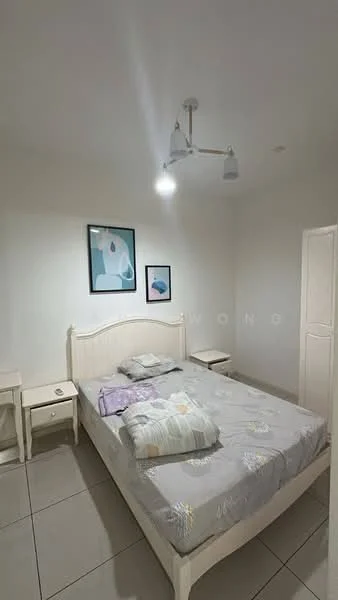 Bedroom features: queen-size bed, light grey bedding, two bedside tables, framed artwork on walls, white painted walls, tile flooring, ceiling light fixture, built-in wardrobe; style: modern.