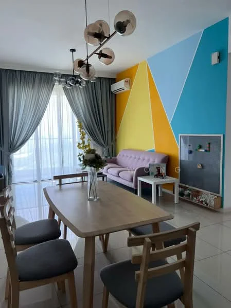 Dining features: dining table with light wood finish, 4 wooden dining chairs with grey upholstery, large floor-to-ceiling windows with sheer curtains, light grey curtains, light fixture with multiple bulbs, pink fabric sofa, accent wall with geometric design in blue and yellow, air conditioning unit on wall, decorative wall with children's play area, ceramic tile flooring, vase with yellow flowers on table; style: modern; view: city.