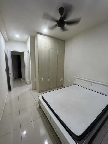 Bedroom features: queen-size bed frame, mattress, built-in wardrobe with sliding doors, white walls, tile flooring, ceiling fan with light, recessed lighting, doorway leading to hallway; style: modern.