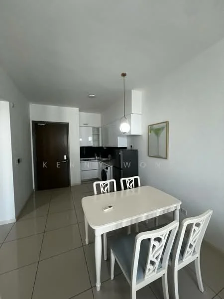 Dining features: white dining table, 4 upholstered dining chairs in grey, pendant light fixture, white walls, glossy tile flooring, open layout to kitchen, framed artwork on wall, kitchen cabinetry visible in background; style: modern.