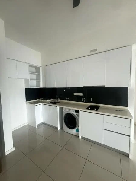 Kitchen features: white cabinetry, black backsplash, ceramic tile flooring, built-in oven, stainless-steel sink, chrome pull-down faucet, 4-burner induction hob, front-load washing machine, open shelving, countertop with overhang; style: modern.