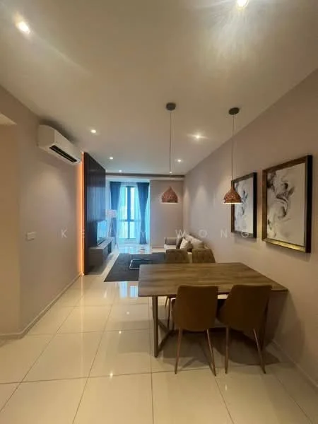 Living features: white painted walls, glossy tile flooring, 5-blade ceiling fan with light, recessed LED downlights, pendant lamps, floor-to-ceiling windows, sheer curtains, area rug, dining table with four chairs, framed artwork on walls; style: modern; view: city.