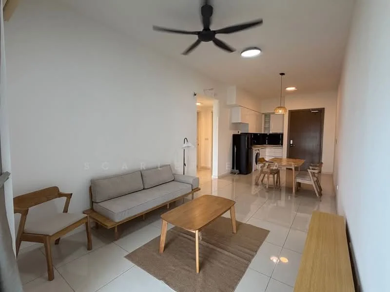Living features: 3-seater fabric sofa in light grey, wooden coffee table, wooden dining table for 4, wooden dining chairs, ceiling fan with light, recessed downlights, white painted walls, glossy white tile flooring, open layout, kitchen area visible in background, area rug with neutral color; style: modern.
