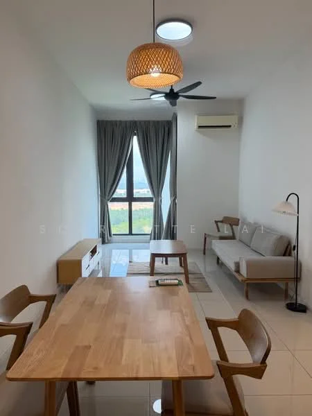 Living features: light wood dining table, 4 wooden dining chairs, cream sofa, floor lamp, wall-mounted air conditioning unit, ceiling fan, large window with view, curtains, tile flooring, decorative wall light; style: modern; view: garden.