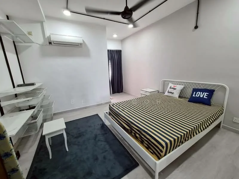Bedroom features: queen-size bed with striped bedding, upholstered headboard, 2 bedside tables, wall-mounted shelves, floor rug, wall-mounted split AC, curtains, light fixture with exposed bulbs, ceiling fan, white painted walls, laminate flooring; style: modern.