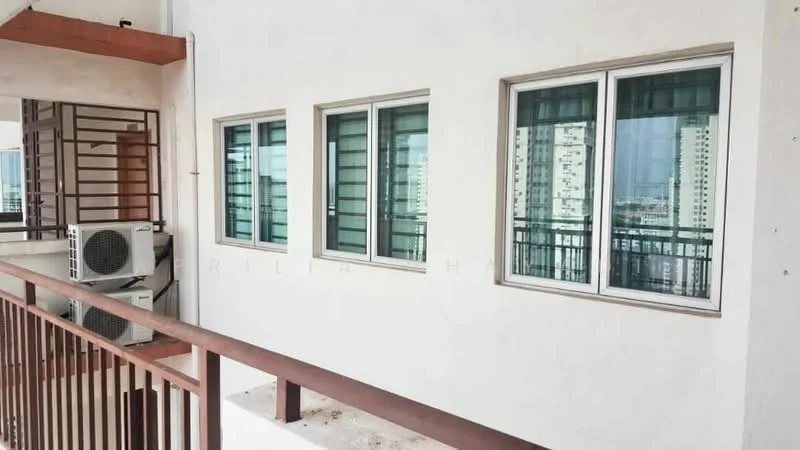 Room features: white painted walls, floor-to-ceiling windows, balcony with railing, 1 wall-mounted split AC, concrete flooring, green curtains; view: city.
