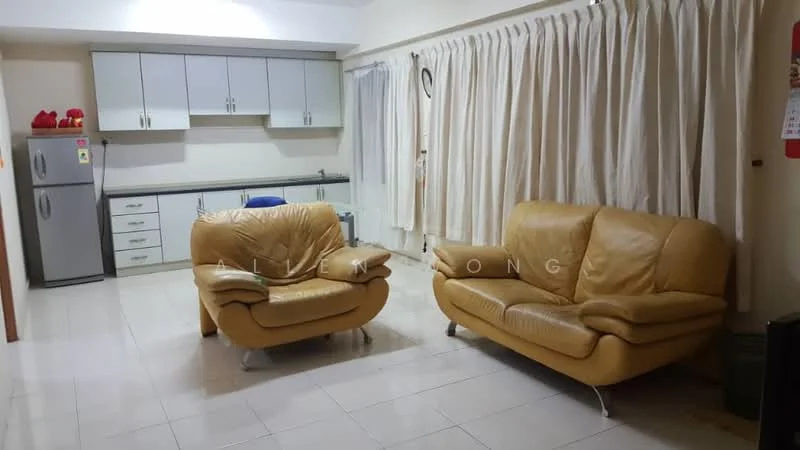 Living features: two beige leather armchairs, white painted walls, cream tiled flooring, floor-to-ceiling curtains, refrigerator, kitchen cabinetry with grey countertops, sink, kitchen island, wall-mounted cabinets, window with sheer curtains; style: modern.