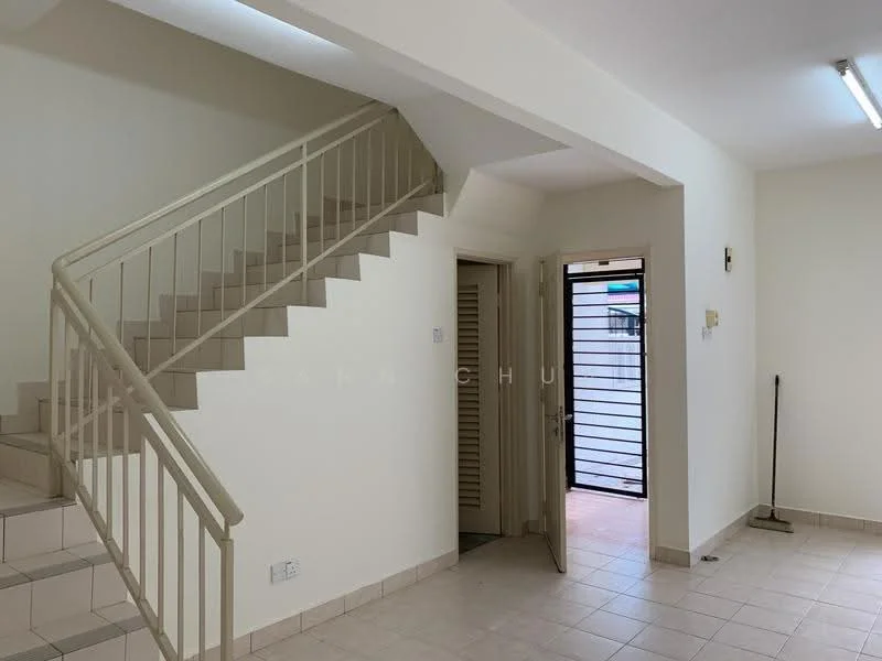 Room features: white painted walls, tile flooring, staircase with metal railing, door leading outside, light fixture on ceiling, window with blinds, door frame, clean and minimal decor; style: modern.