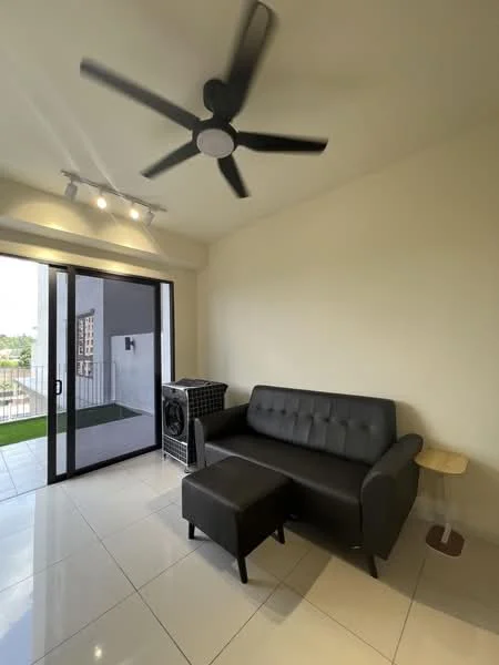 Living features: black leather sofa, small black ottoman, 1 wall-mounted split AC, floor-to-ceiling sliding glass door, white painted walls, recessed downlights, large format tile flooring, ceiling fan with integrated light; style: modern; view: garden.
