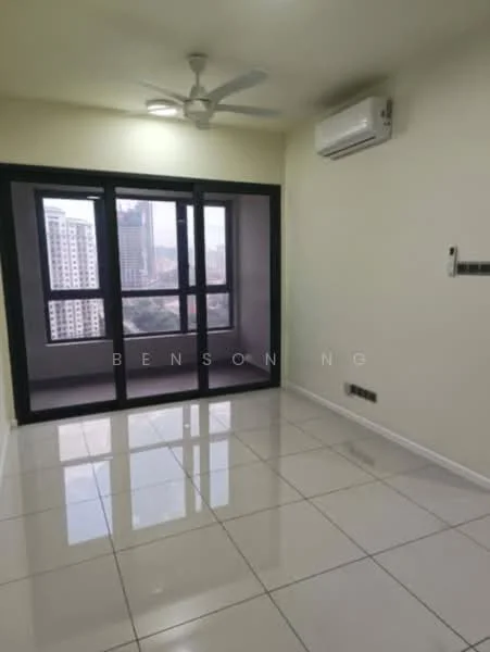 Living features: white painted walls, glossy white tile flooring, 5-blade ceiling fan, wall-mounted split AC, floor-to-ceiling windows, black sliding glass door, city view, neutral color scheme; style: modern; view: city.