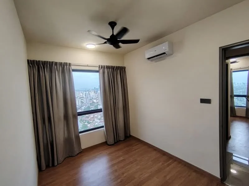 Bedroom features: wooden flooring, cream painted walls, 5-blade ceiling fan with light, floor-to-ceiling window, sheer curtains, wall-mounted split AC, decorative mirror, city view; style: modern; view: city.
