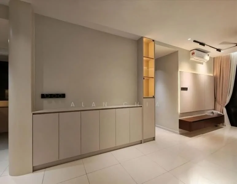 Living features: white painted walls, glossy white tile flooring, built-in cabinetry with light wood finish, wall-mounted TV console, recessed lighting, 1 wall-mounted split AC, curtains, neutral color palette; style: modern.