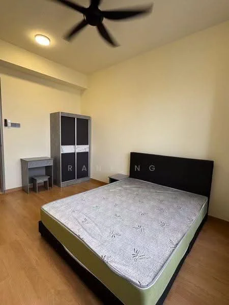 Bedroom features: queen-size bed, upholstered headboard, wooden flooring, ceiling fan, built-in wardrobe with sliding doors, study desk, neutral wall color, window with natural light; style: modern.