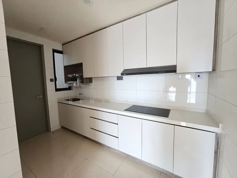 Kitchen features: white flat-panel cabinets, stainless-steel built-in oven, stainless-steel range hood, white quartz countertop, ceramic tile backsplash, induction cooktop, single-bowl stainless-steel sink, chrome pull-down faucet, recessed LED downlights, light-colored ceramic tile flooring; style: modern.